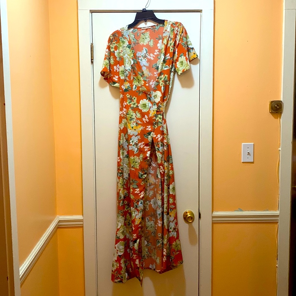 Easel Orange Floral Wrap Maxi Dress Size Medium